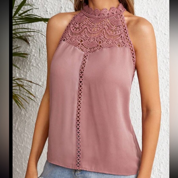 Elegant Classic Sheer Mesh Lace Halter Top Blouse Shirt Pink - Picture 4 of 12